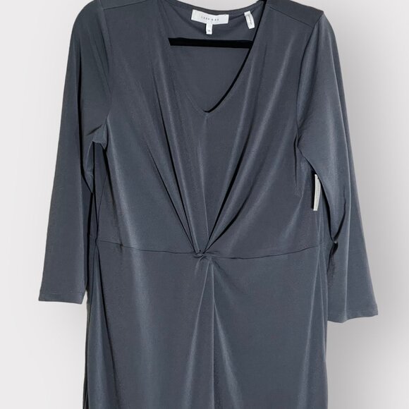 Lark & Ro Size 14 NEW Gray 3/4 Sleeve V-Neck Gathered Twist Front Sheath Dress - Picture 3 of 7